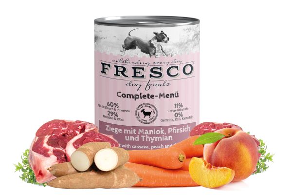 FRESCO Complete-Menü Ziege mit Maniok, Pfirsich und Thymian (haltbares B.A.R.F.) 400 g