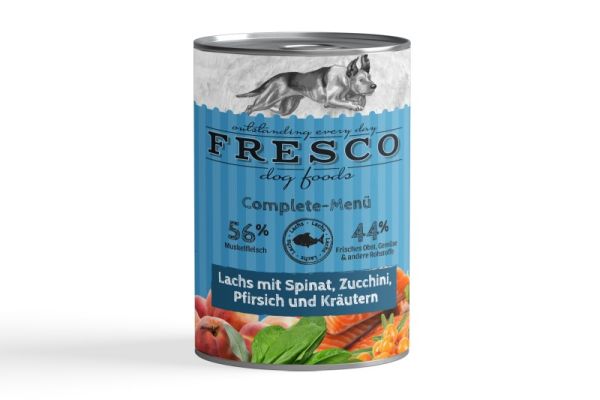 FRESCO Complete-Menü Lachs mit Spinat, Zucchini, Pfirsich und Kräutern (haltbares B.A.R.F.)