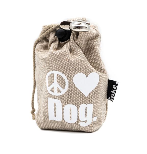 INKE. Leckerlibeutel für Hunde Sand mit Peace-Herz Zeichen Dog Weiß, Silber