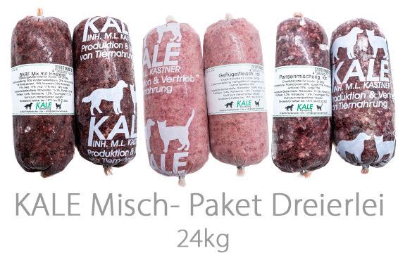 KALE BARF Misch-Paket Dreierlei (24 x 1 kg) ohne Fisch, Knochen gewolft