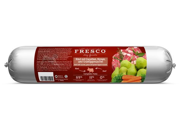 FRESCO BARF Wurst Complete-Menü Rind mit Karotten, Birnen und Grünlippmuschel